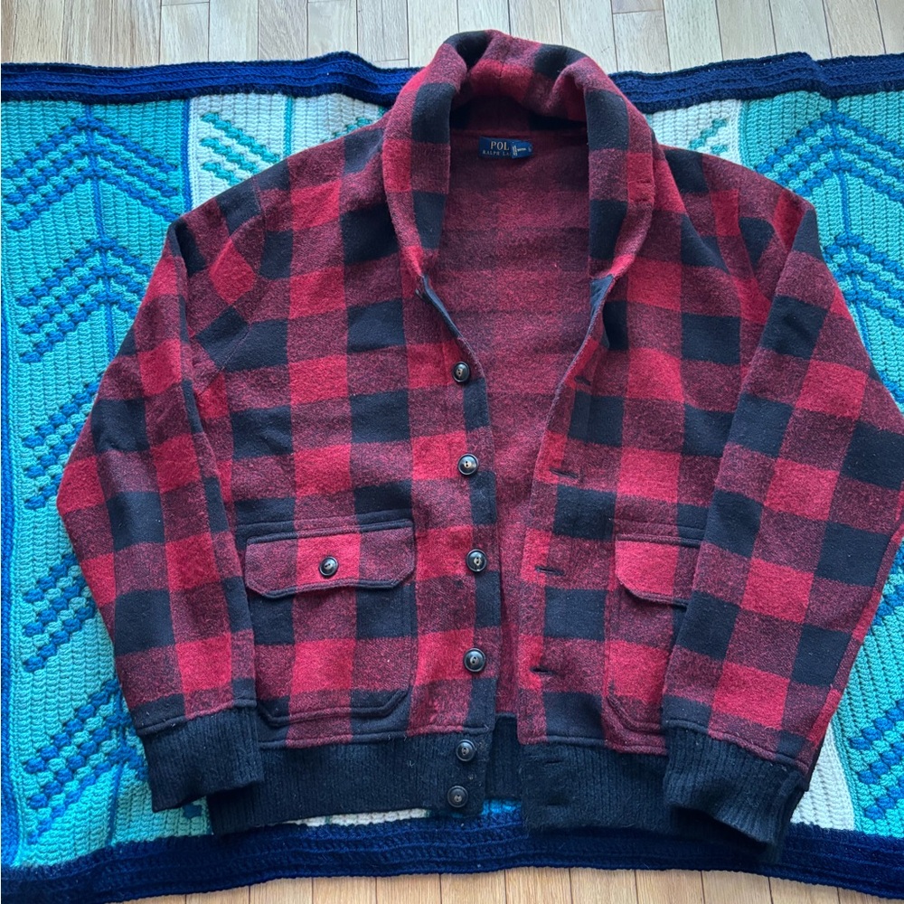 Polo wool sweater, red plaid.